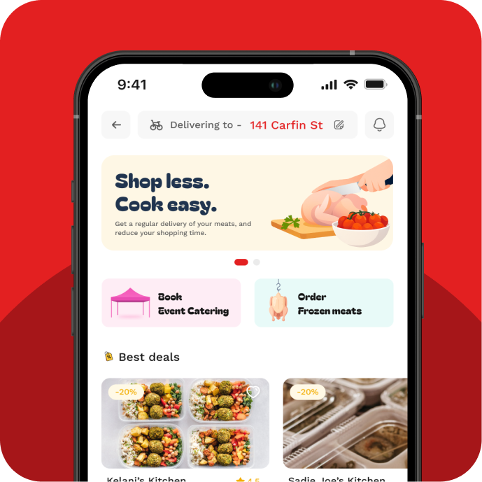 The FindChow app showing meals, catering and frozen foods from independent kitchens